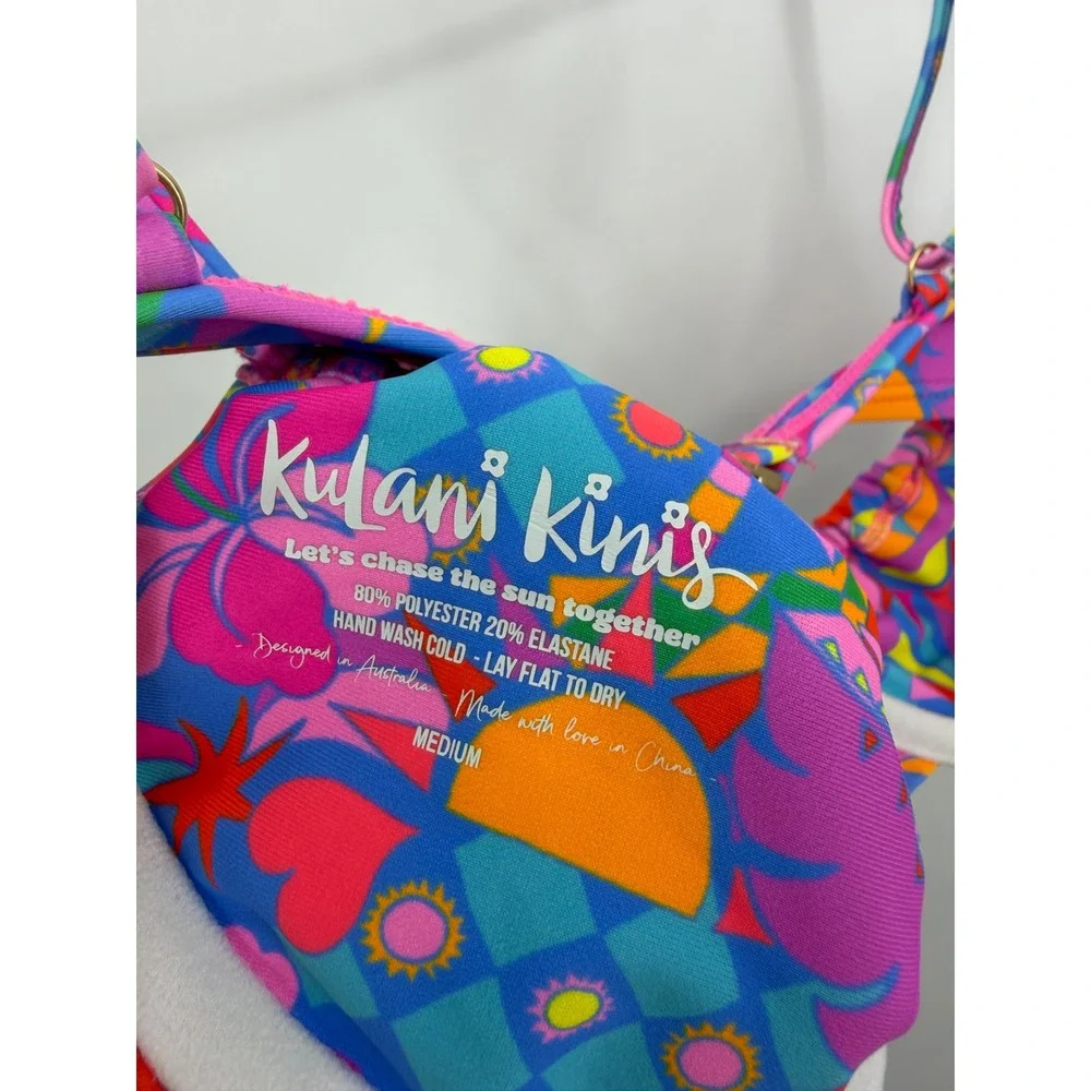 Kulani Kinis Ruched Underwire Bikini Top Floral sz M Pink Blue Retro Tie Front
